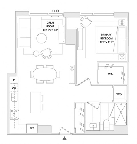 Floor plan for 1 bed, 1 bath, 804 sqft